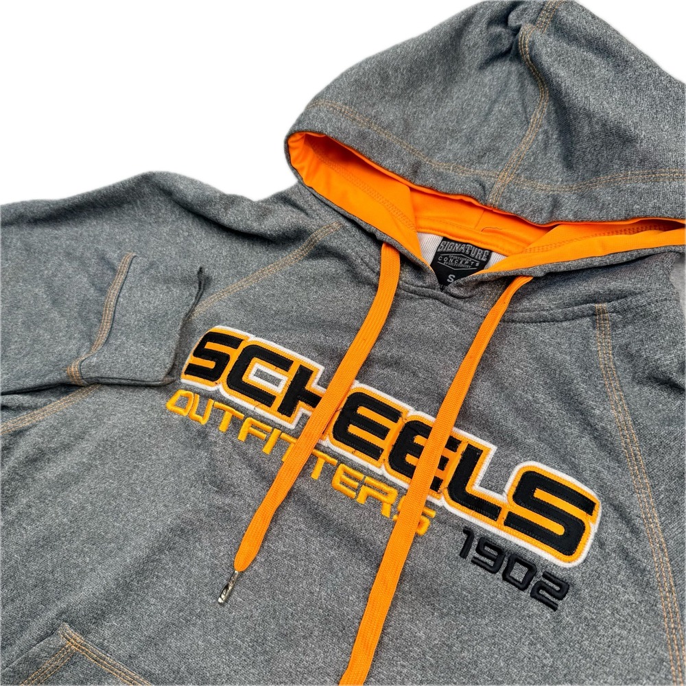 Scheels Outfitters Men's Gray Orange Hoodie Sweatshirt Small SEWN STITCHED Logo